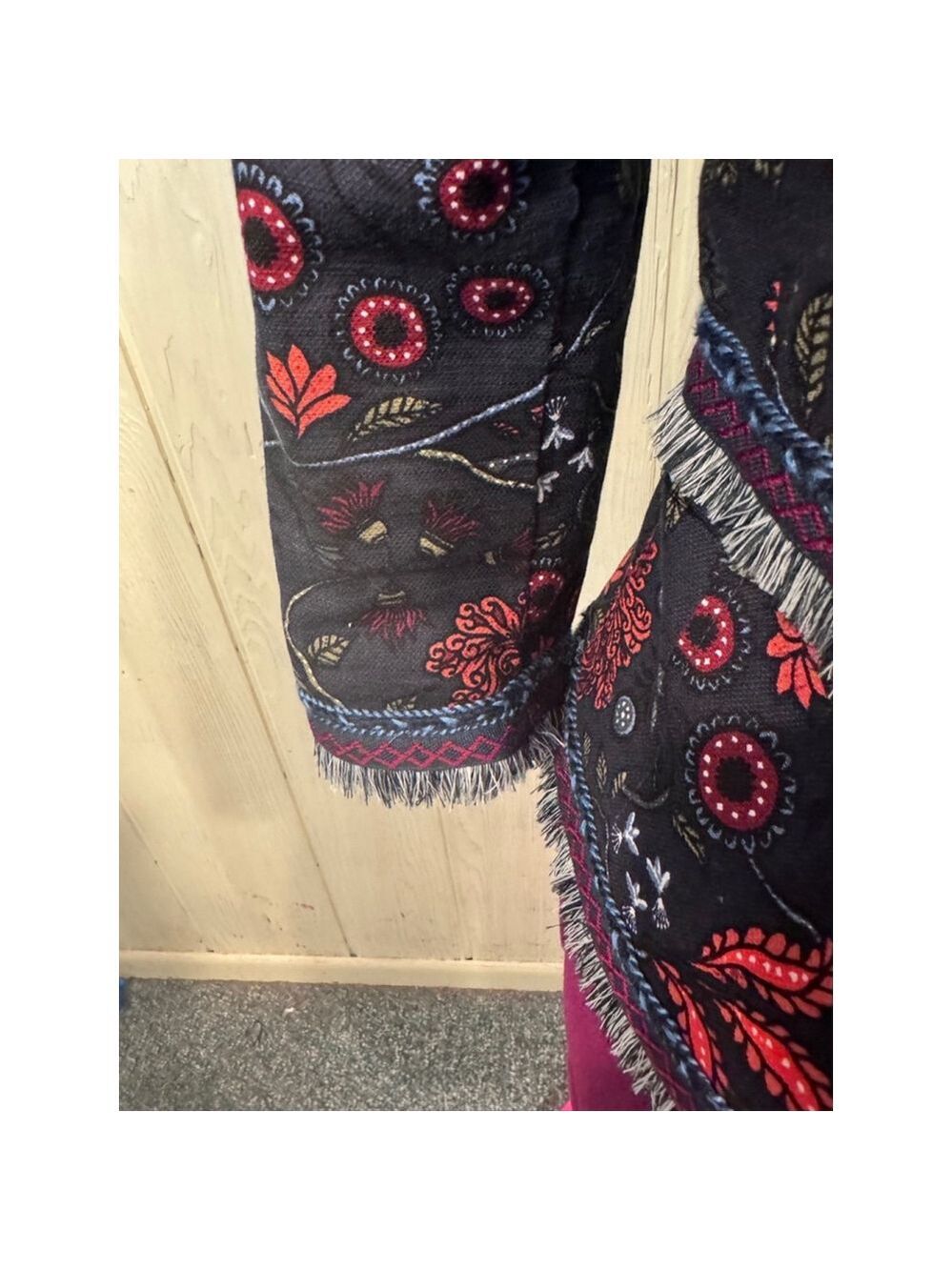 LOFT Primevira Strawberry Embroidered Fringe Open Black Red jacket size 4 - Picture 7 of 16